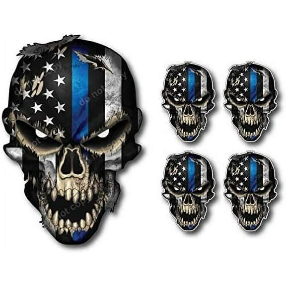 5 Pack Blue Lives Matter TBL Skull USA American Flag Decal Sticker CAR Truck