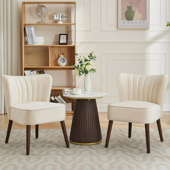 Modern Velvet Accent Chair Set of 2, Soft Upholstered Living Room Chair with Wooden Legs, Comfy Armless Lounge Chair for Living Room/Makeup/Office/Bedroom, Beige
