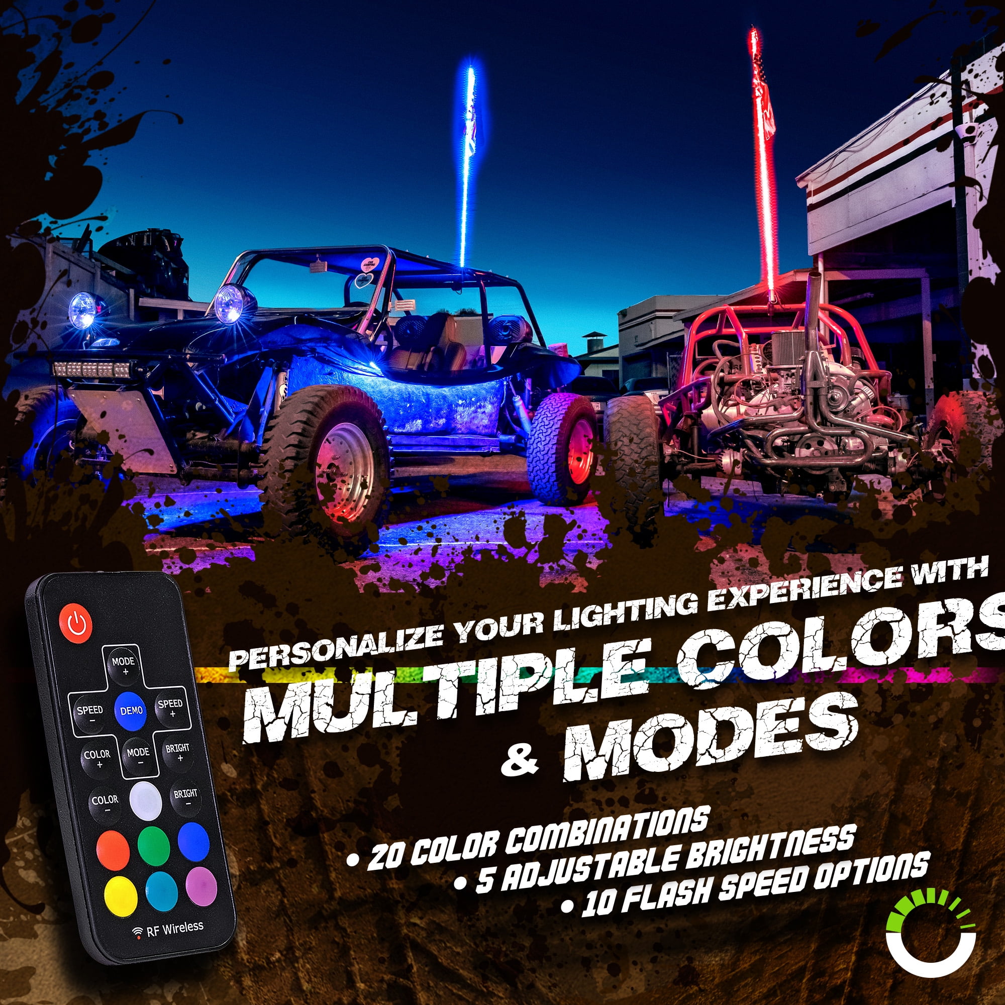  True Mods 2pc 4ft Spiral LED Whip Lights for UTV ATV [21 Modes]  [20 Colors] [RF Wireless Remote] [Weatherproof] [USA Flag] LED Whips  Antenna for RZR Can-Am Polaris UTV ATV Accessories 