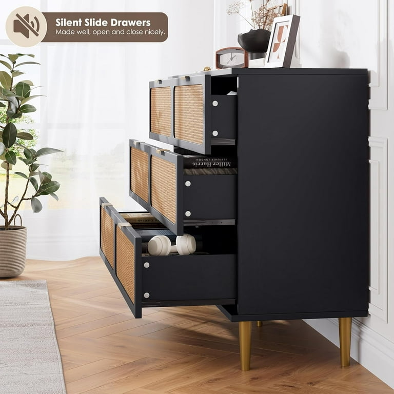 black dresser with natural wood top Traditional Wooden 6-Drawer Horizontal Dresser - Black