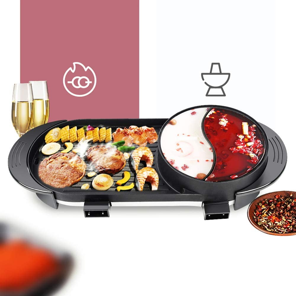 Electric Grill Indoor Hot Pot,2200W 4L Electric Barbecue Stove Multifunctional Shabu Shabu Pot Korean BBQ Grill Smokeless 3 in 1 Non-Stick Pan Separate Dual Temperature Control for 2-12 People