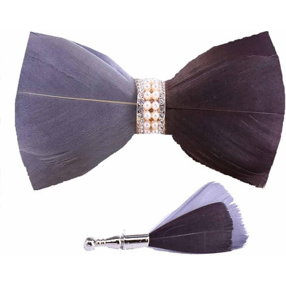 HAHDAXIA Feather Bow Tie Necktie Peacock Pre-tied Bow Tie and Brooch Sets