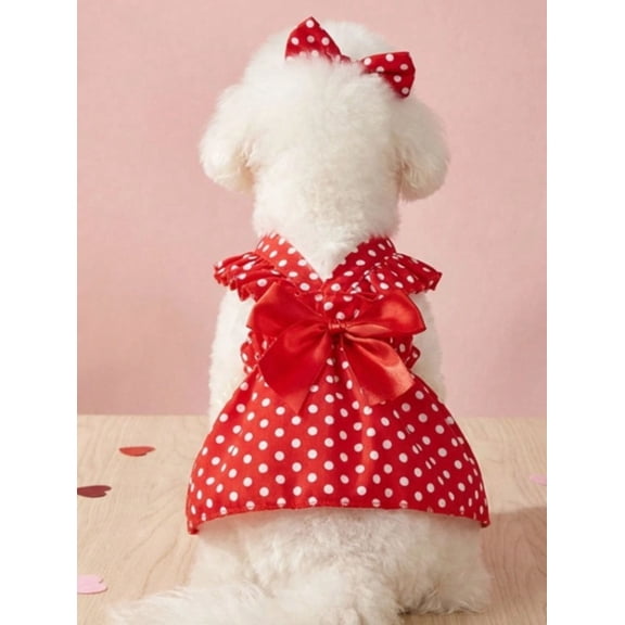 Red & White Dotted Pet Dress with Bow – Cute Valentine Day, Holiday Outfit for Cats & Dogs, Soft Comfortable Puppy Dress