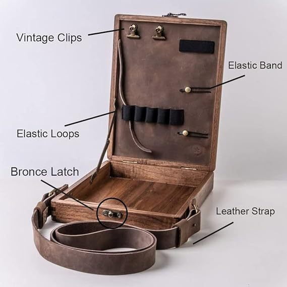 Handmade Wooden Writers Messenger Box Bag, Retro Crossbody Sketch Tool Organizer with Adjustable Strap, Portable Artist Storage Case for Brushes, Pens & Outdoor Painting