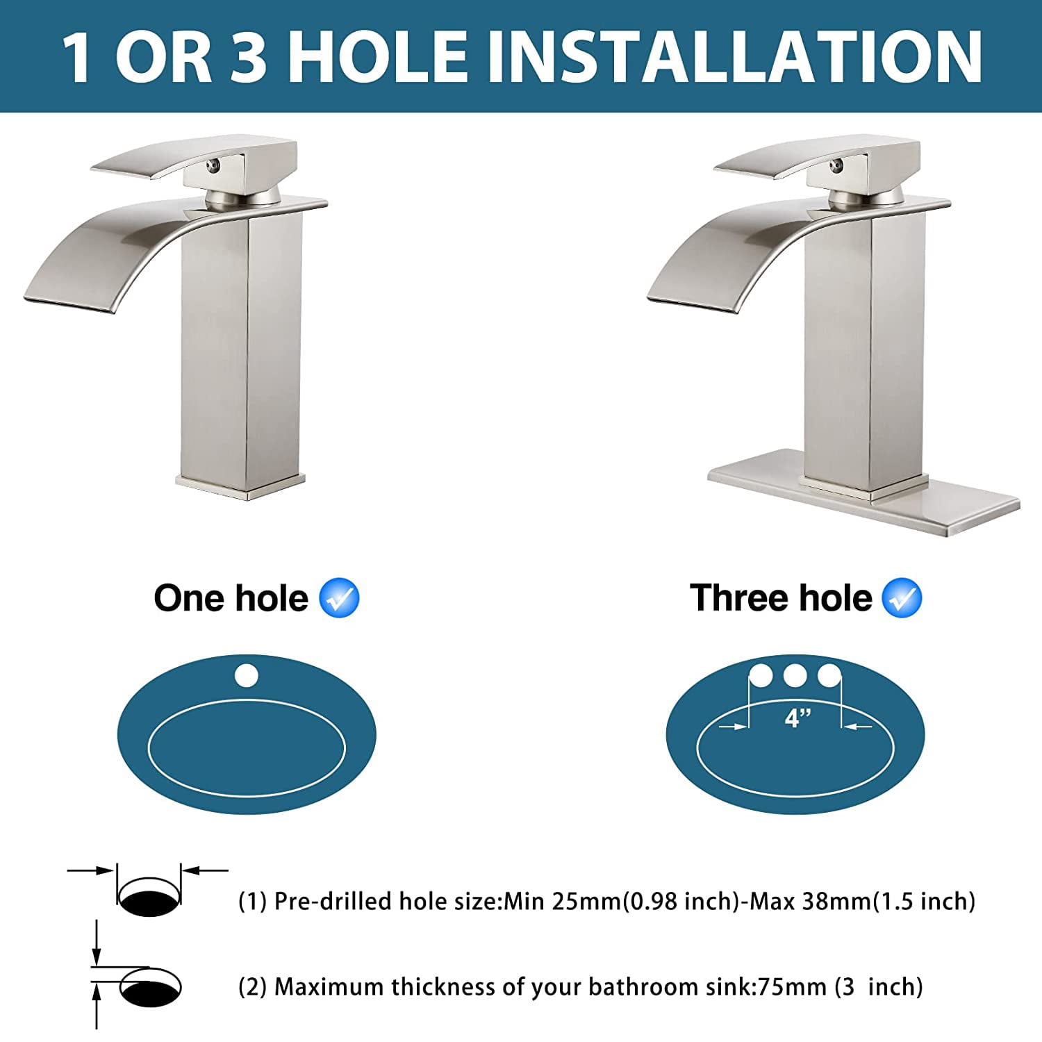 gotonovo Brushed Nickel Bathroom Sink Faucet Waterfall Spout Single Handle 1 Hole Deck Mount Mixer Tap Lavatory Vanity Sink Faucet Commercial with Deck Plate and Pop Up Drain