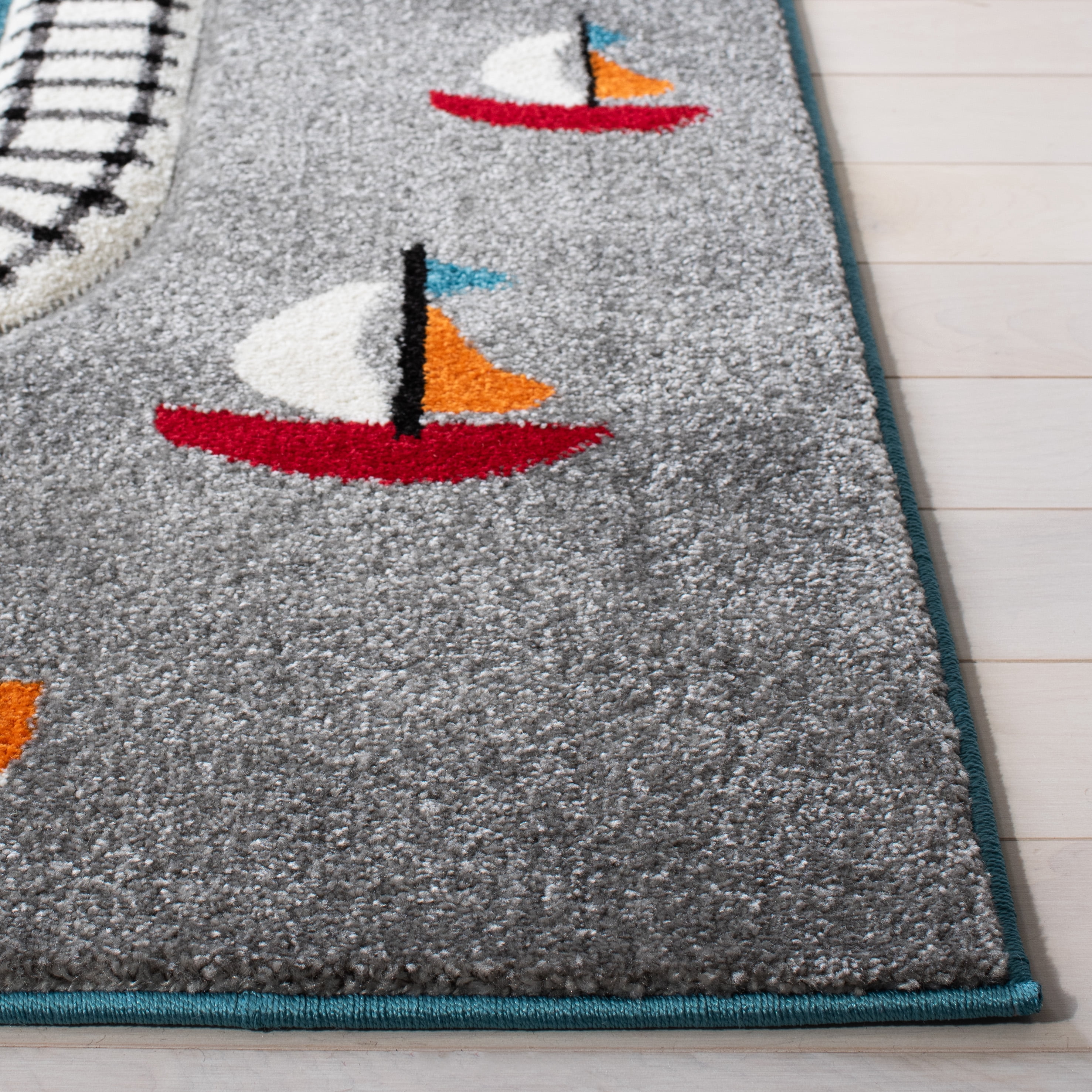 SAFAVIEH Carousel Kids Devan Train Track Area Rug, Turquoise/Ivory, 3' x 3' Square
