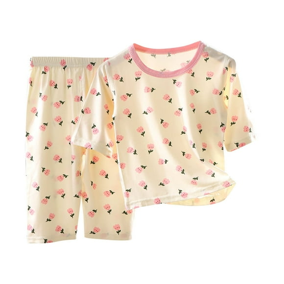 Odeerbi 1-12 Años Niños Niñas Pijamas de Algodón de Verano Manga Corta Tops Pantalones Conjunto Suave Estampado Floral Ropa de Dormir de Dos Piezas Juegos de Pijamas de Dos Piezas