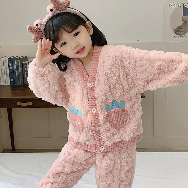 Esaierr 12M-8Y Girls Button down Winter Warm Fleece Pajama Set for Toddler  Kids Sweet Plush Sleepwear Baby Fall Flannel Pajama Set 2 Piece Cartoon  Loungewear 