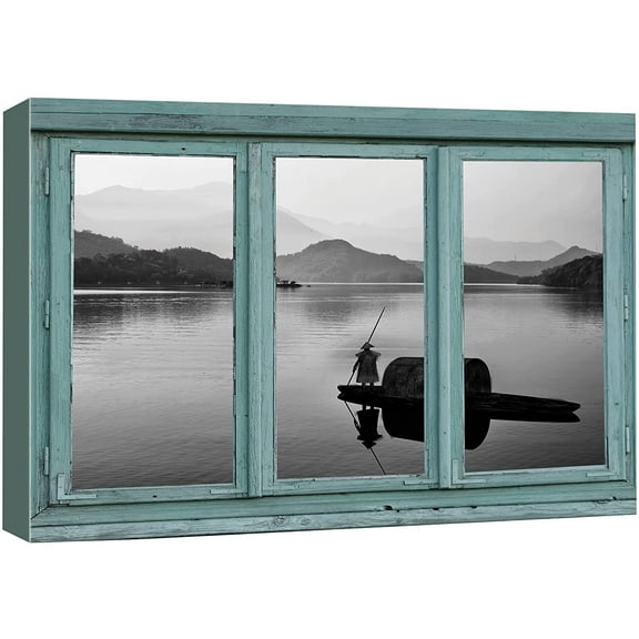 wall26 - Vintage Teal Window Looking Out Into a Black and White Boat on a Lake with a Mountain View - Canvas Art Home Art - 16"x24"