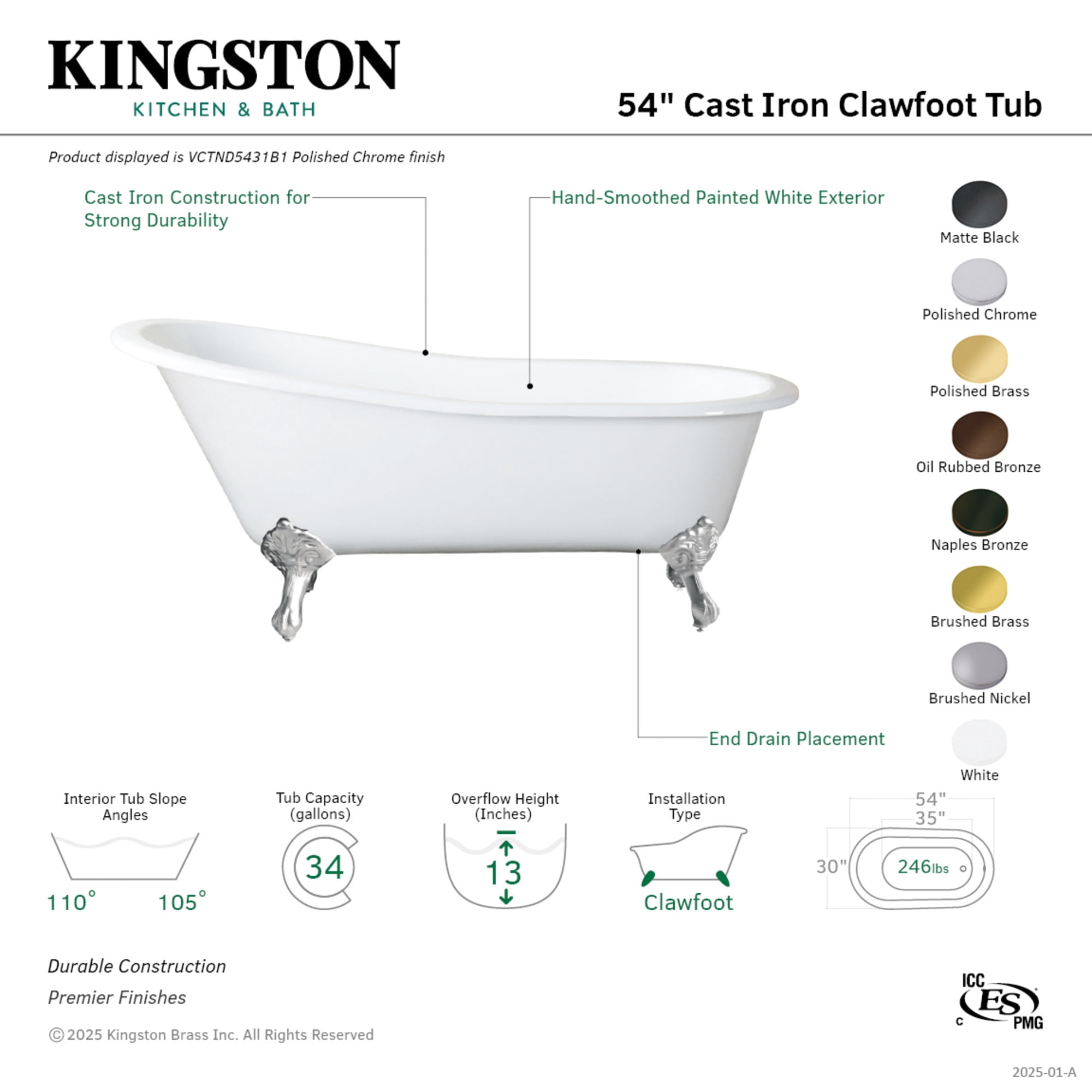 Aqua Eden VCTND5431B8 54" Cast Iron Oval Single Slipper Clawfoot Tub (No Faucet Drillings), White/Brushed Nickel
