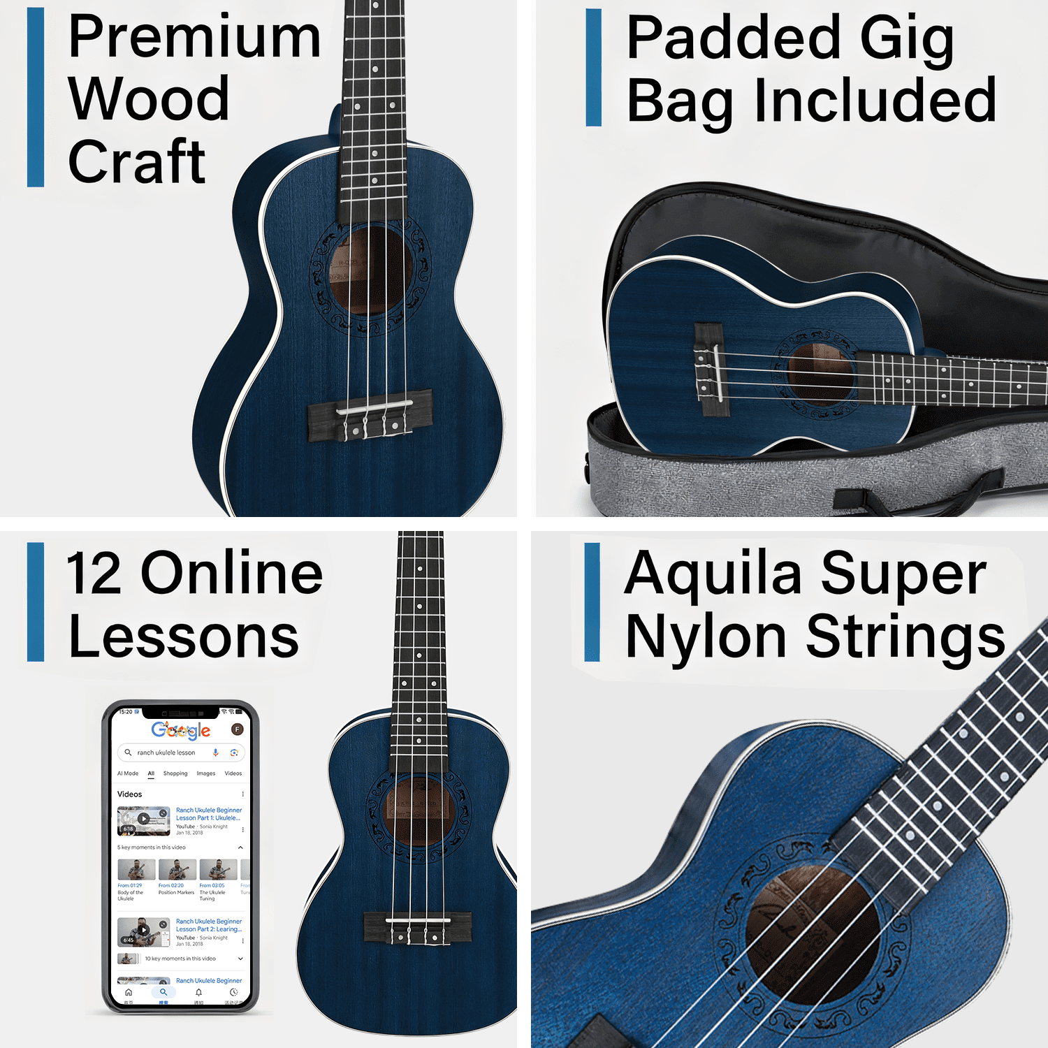 Ranch 26 Inch Blue Tenor Ukulele Kit for Adults | Sapele Wood Uke w/ Gig Bag & 12 Free Online Lessons