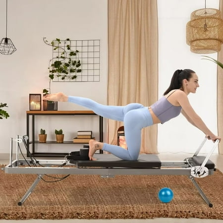 NAIZEA Foldable Pilates Reformer Machine Equipment for Home Workout and Gym, Pilates Exercise Equipment with 5 Metal Resistance Springs - Max Tension 110 lbs, Support Up to 440 lbs, A Yoga Ball Includ