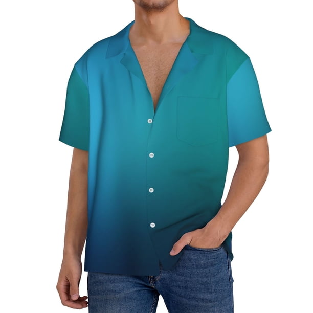 Fotbe Blue to turquoise Camisa Estampada de Manga Corta para Hombre, Casual de Verano, Estilo Playero, Sin Arrugas-Large