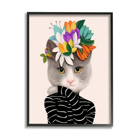 Stupell Industries Bold Floral Design Grey Cat Striped Sweater Framed Wall Art, 24 x 30, Design by Ioana Horvat