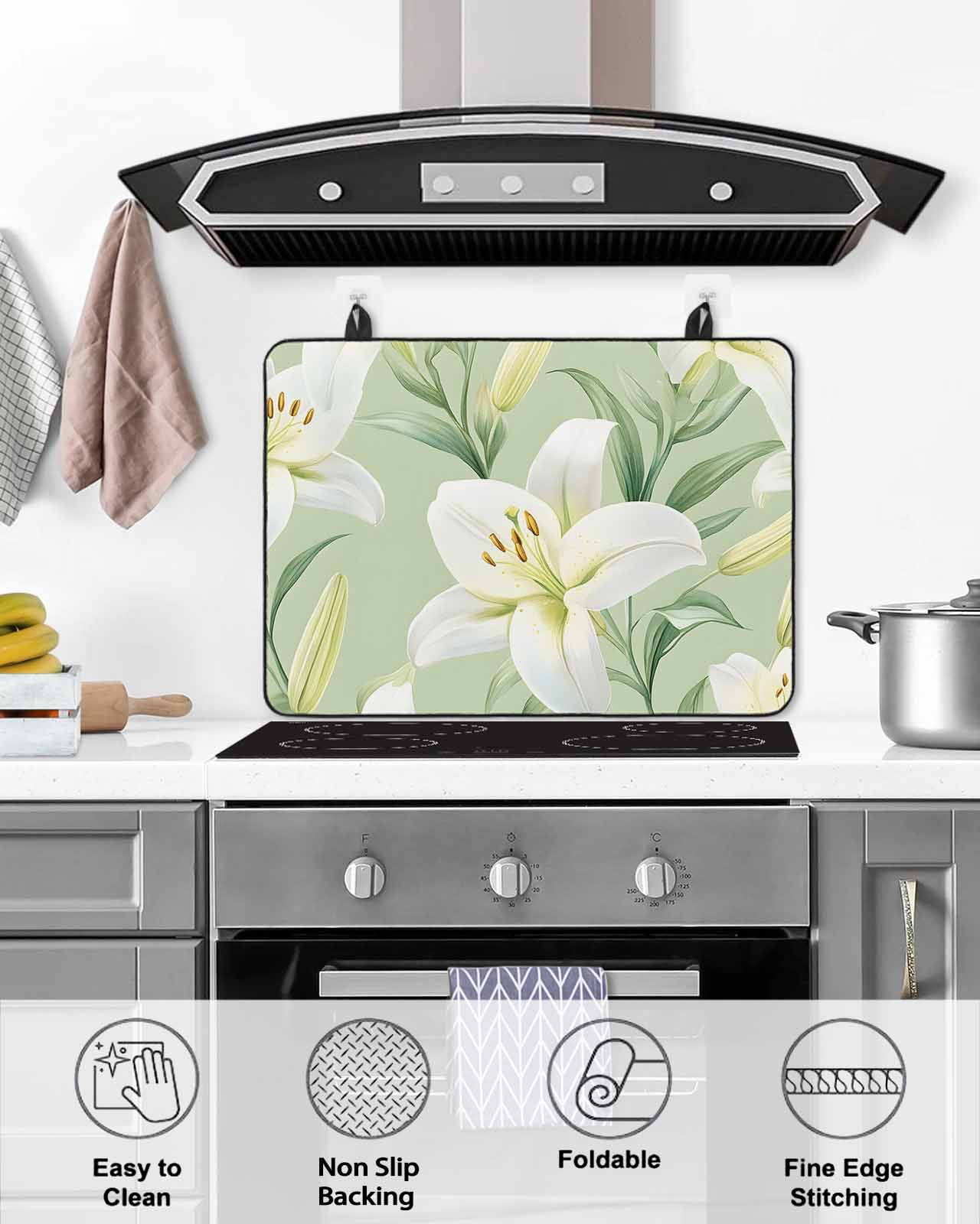 nqOlkjepod Large Induction Cooktop Protector Mat 24"x21", Sage Green Flowers Stove Top Covers for Electric Stove, Spring Floral Botanical Watercolor Stove Burner Cover Mats, Glass Top Stove Cover