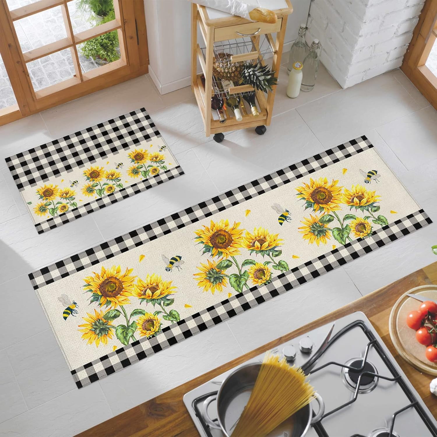 Vintage Kitchen Rugs and Mats Set of 2, Farm Sunflowers Blossoms Floral Non-Slip Floor Doormat Comfort Area Runner Rug and Mat, Black Beige Buffalo Check Indoor Entrance Carpet Home Decor