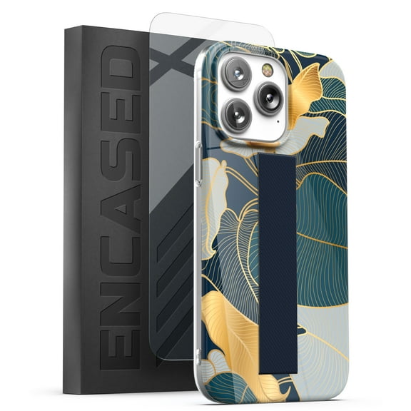 Encased Finger Strap Case Designed for iPhone 14 PRO MAX Case with Finger Loop and Screen Protector (Retail Packaging) - Blue/Gold Leaf
