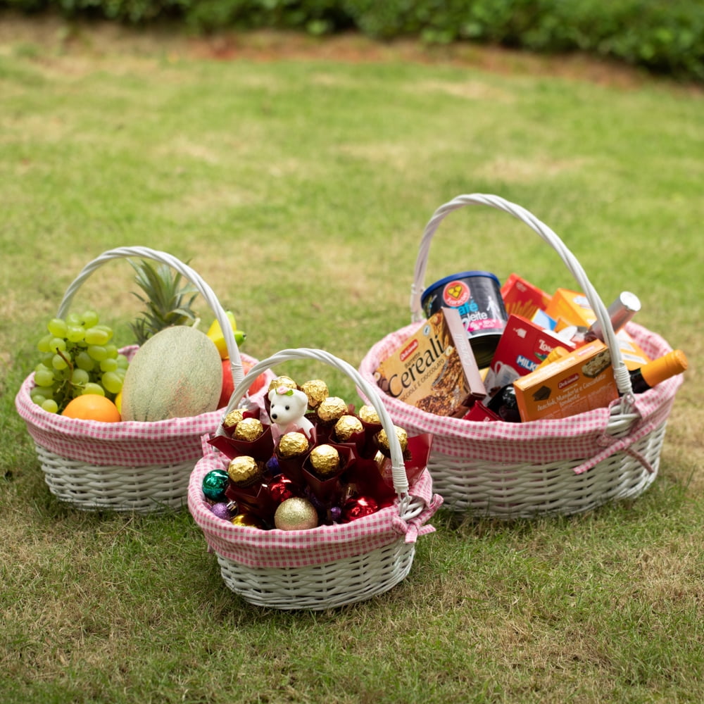 Traditional White Round Willow Gift Basket with Pink and White Gingham Liner and Sturdy Foldable Handles, Food Snacks Storage Basket, Medium