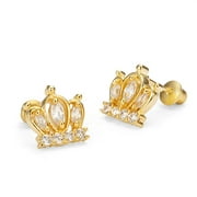 14k Gold Plated Brass Crown Cubic Zirconia Screwback Baby Girls Earrings with Sterling Silver Post