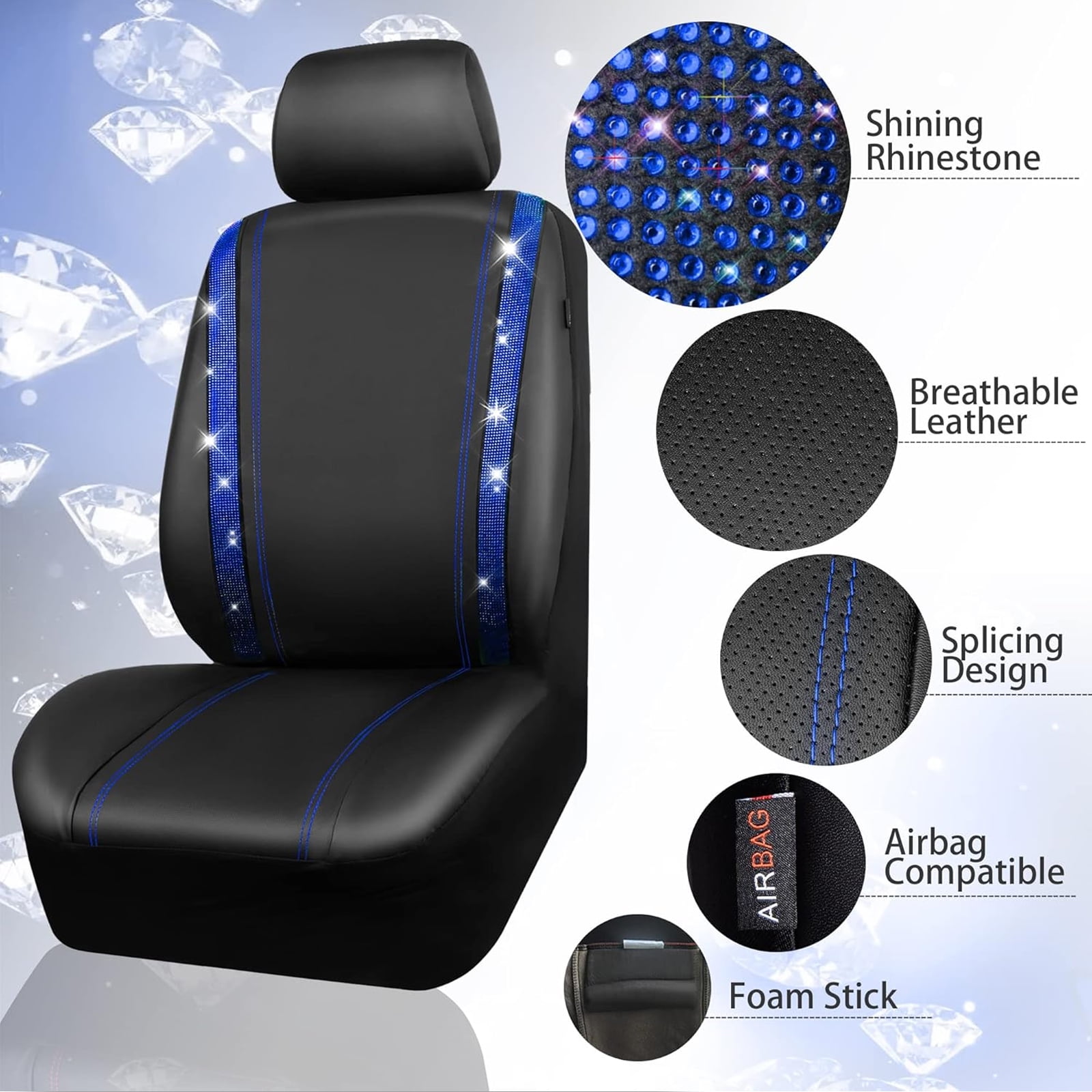 Car-Grand Bling diamond Rhinestone Leather car seat covers front pair shinning spark glitter crystal cute universal fit automotive glitter SUV truck sedan women girly Blue