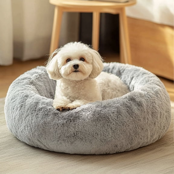 Sasttie 20in Calming Donut Dog Bed, Washable Round Plush Faux Fur Pet Bed, Smoke Grey