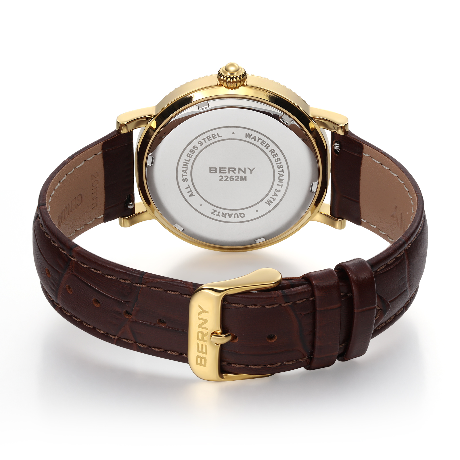 BERNY Mens Leather Watch, Vintage Roman Numerals Moon Phase Dress Watch with Day & Date, Stainless Steel, Sapphire Crystal, Waterproof, Fashion Luxury Analog Quartz Wrist Watches for Men (Gold)