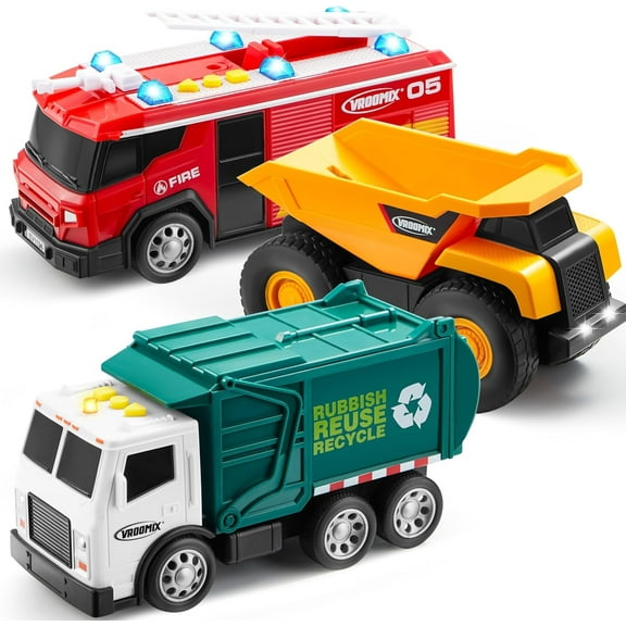 VROOMIX 3-Pack Emergency Vehicle Toy Set – Friction Powered Garbage Truck, Fire Truck, and Construction Vehicle with Lights and Sounds – Educational Toy Set for Boys, Xmas Ideal Gift for Kids