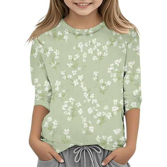 Baby Girl Summer Clothes Teen Girls Spring Summer Flower Prints Round Neck Casual 3/4 Sleeve T Shirt Toddler T Shirts Light Green 3 Years-4 Years