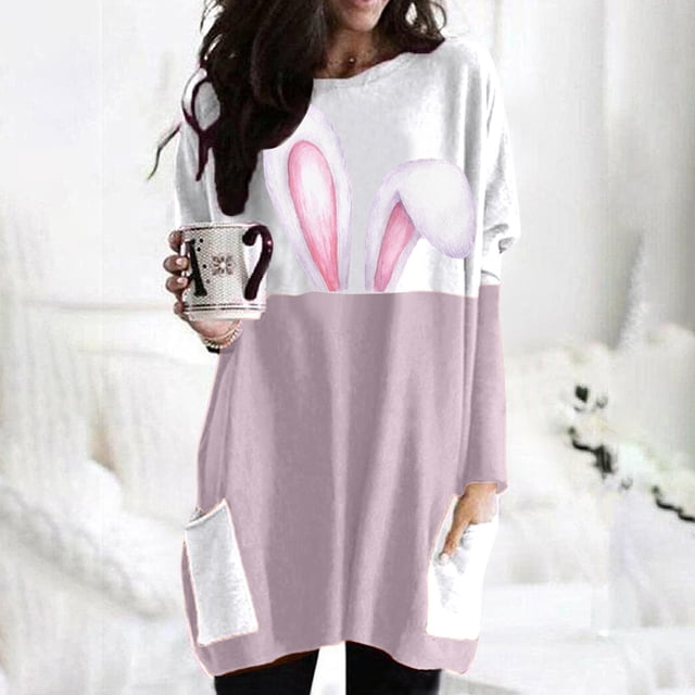 Pntutb T-Shirts à Manches Longues pour Femmes T-Shirts Décontractés Amples pour Femmes Tunique Imprimée Joyeuse Journée de Pâques Hauts Longs T-Shirt à Manches Longues Col Rond Blouses avec Poche Sélections Éclair