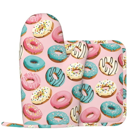 

Oven Mitts and Pot Holders Sets Blue Pink White Donut Print Non-Slip Silicone Oven Gloves Potholders Cotton Lining Heat Resistant Gloves Hot Pads for Kitchen Cooking Baking