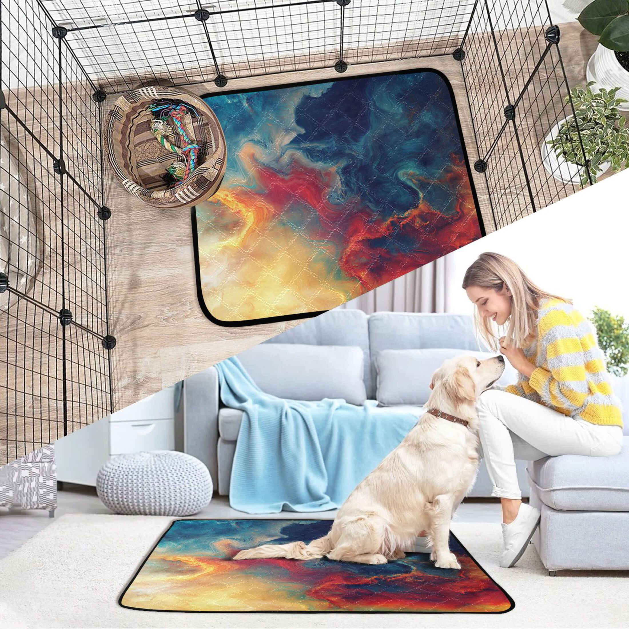 Qxltty Colorful Flow Pattern Cat litter Pads Pet Set of 3 Diaper Mats Center Anti-leakage Layer Absorbent Soft and Comfortable