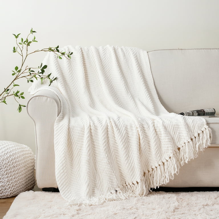 Battilo Cream Throw Blanket Textured Knitted Throw Blanket with