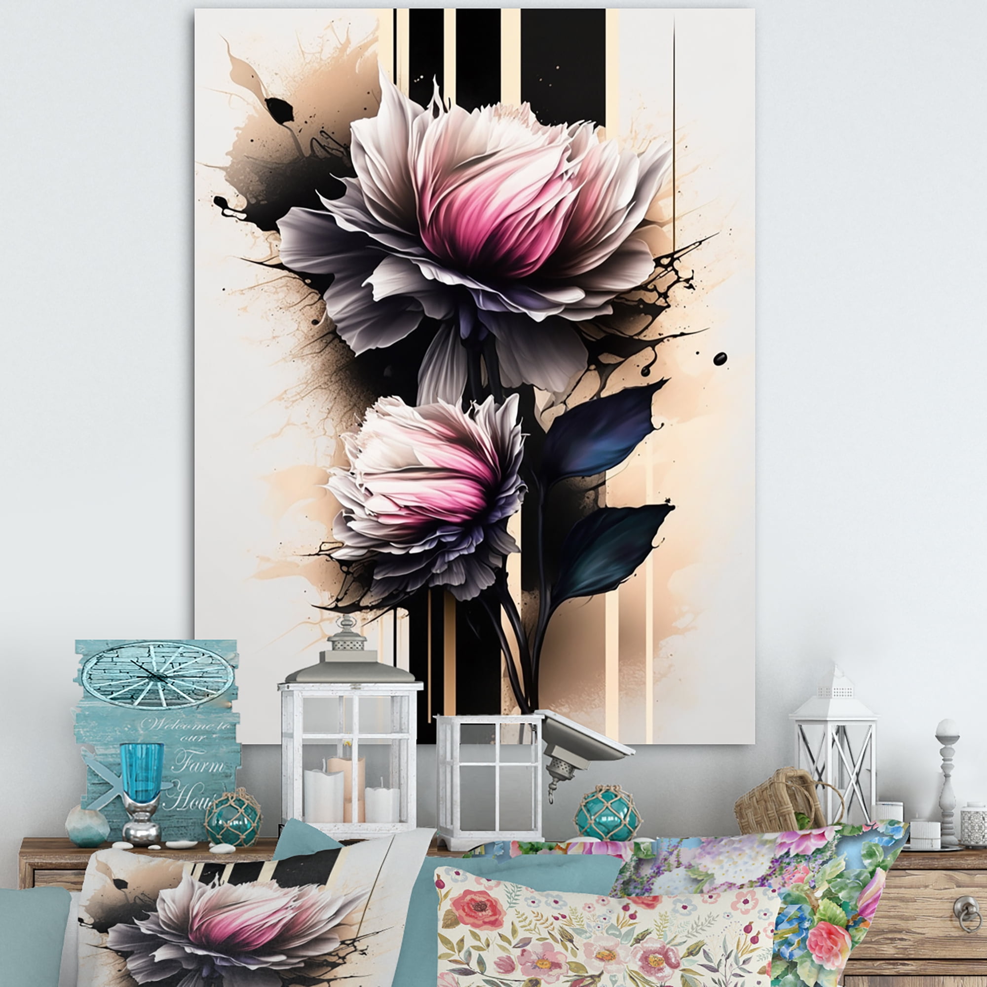 Designart Pink Dahlia Flower On Abstract Fusion II Canvas Wall Art
