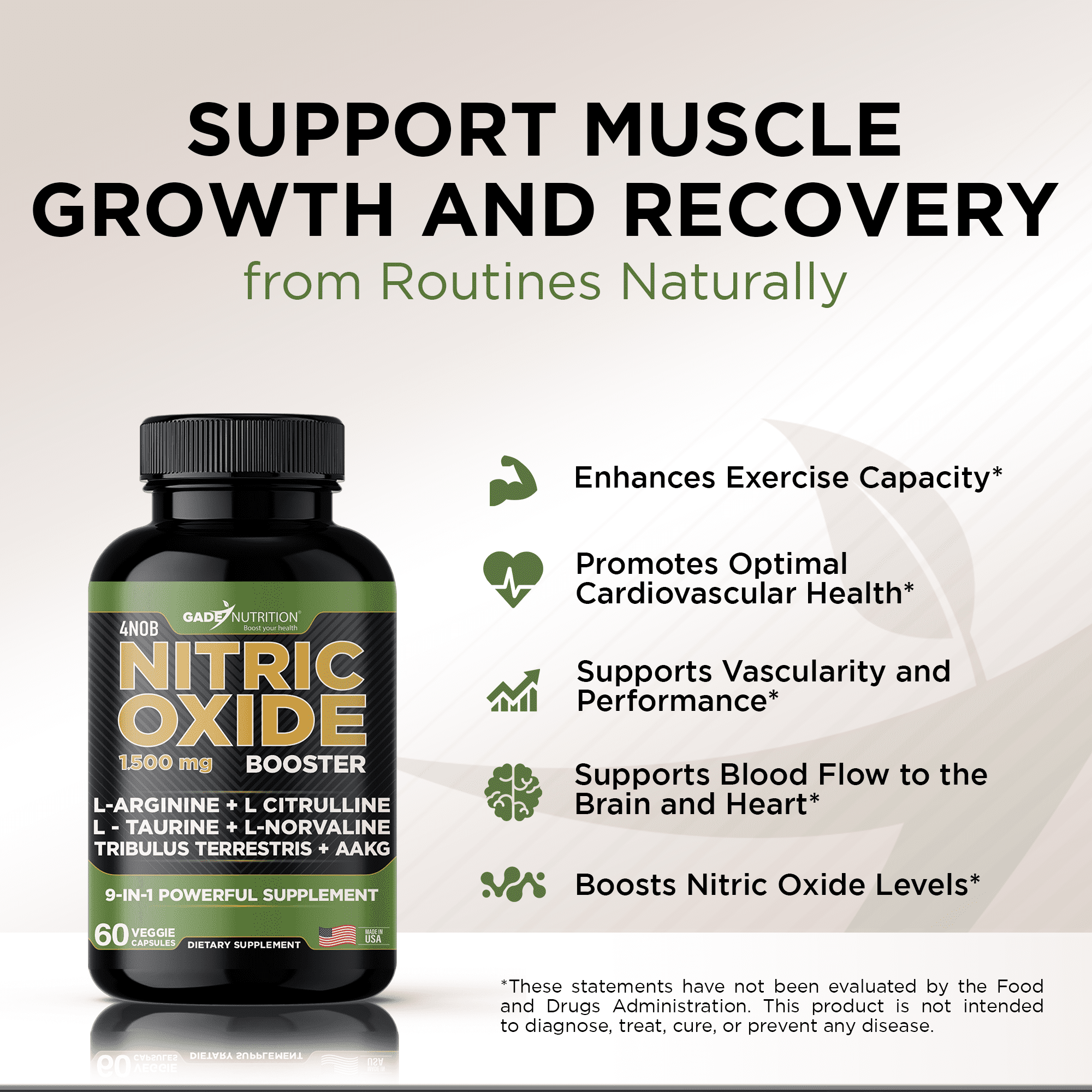 Gade Nutrition Nitric Oxide Booster - L-Arginine, L-Citrulline, L-Taurine, L-Norvaline. Essential Amino Acids - 2 months supply