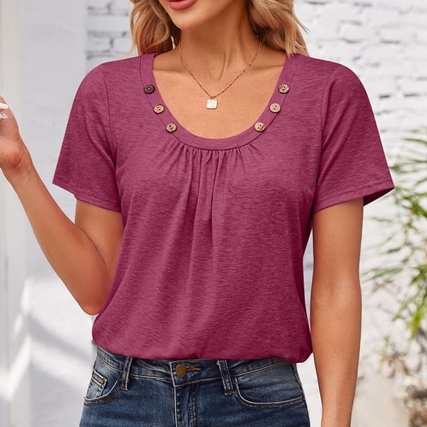 Fiudx Ofertas Flash Del Día Solo En Línea Camiseta Holgada de Color Sólido Plisada con Cuello de Botón de Primavera/Verano para Mujer