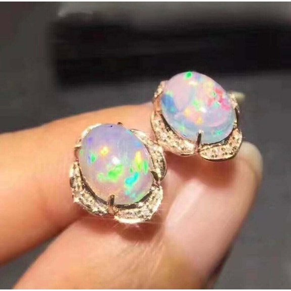 4Ct Oval Cut Lab Created Fire Opal Flower Stud Earrings 14K Yellow Gold Plated 925 Silver