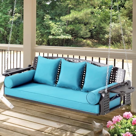 3 Seat Porch Swing, Patio Swing Bench with Cup Holders & 3 Back Cushions, Swing Chair with Chains for Deck Garden Backyard,Lake Blue