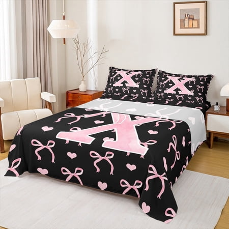 Feelyou Pink Initial Letter Full Size Sheets Monogrammed X Bed Sheets Princess Bowknot Sheet Sets Microfiber Bedroom Decoration 4pcs