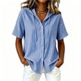 thumbnail image 3 of Ecqkame Women's Striped Tops Hooded Button Down Short Sleeve Shirts Summer Casual Lightweight Trendy Versatile Blouse Blue S, 3 of 5