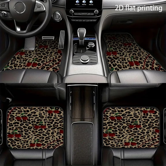 4-Piece Leopard Print Cherry Red Design Fibers Backing Most Car Floor Mats, Universal Fit Polyester All Weather Auto Floor Liners for Cars Trucks Suvs, Anti-Slip Easy Clean Interior Set