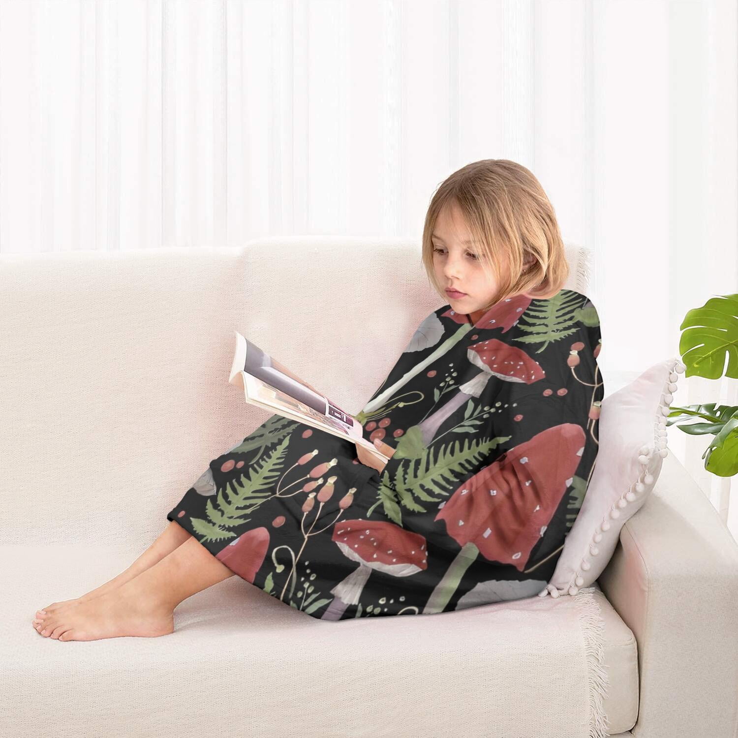 Red Mushroom Fern Black Pattern Blanket Hoodies for Kids 6-13YR Oversize Wearable Blanket Hoodies for Boys Girls Teens