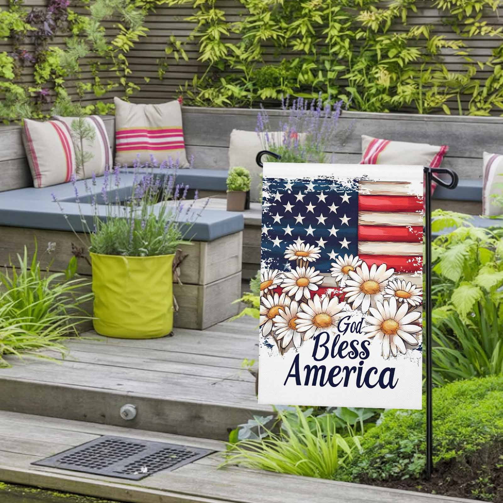 4th of July Garden Flags Retro Patriotic USA Flag Garden Flag Double Sided Welcome Flag Daisy Floral Independence Day Yard Flags for Outdoor Lawn Porch Memorial Day Seasonal Holiday Decor 28x40 Inch