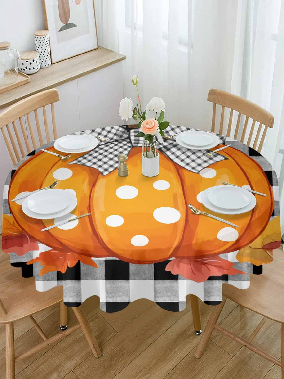 Round Tablecloth Fall Thanksgiving Waterproof Oil Proof Polyester Table Cloth Cover Decor for Home Dining Outdoor,Patio,Parties, 54" Dia. Farmhouse Pumpkins Black Whtie Plaid
