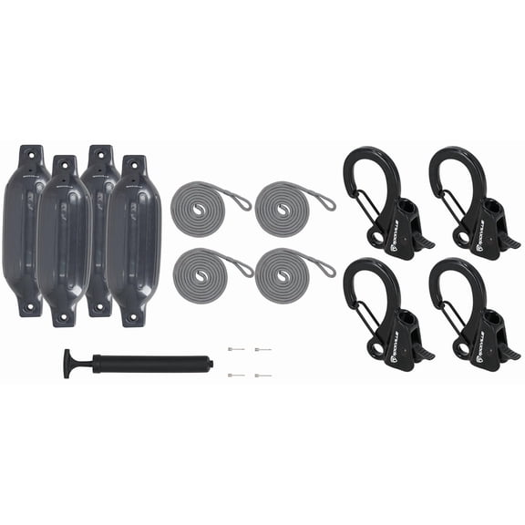 Rockville FEN445-GREY Bundle: (4) 4.5 x 16 Inch Boat Fenders with Lines and Pump, RQA-4 Quick Release Fender Clips, Marine Dock Kit, 17-items