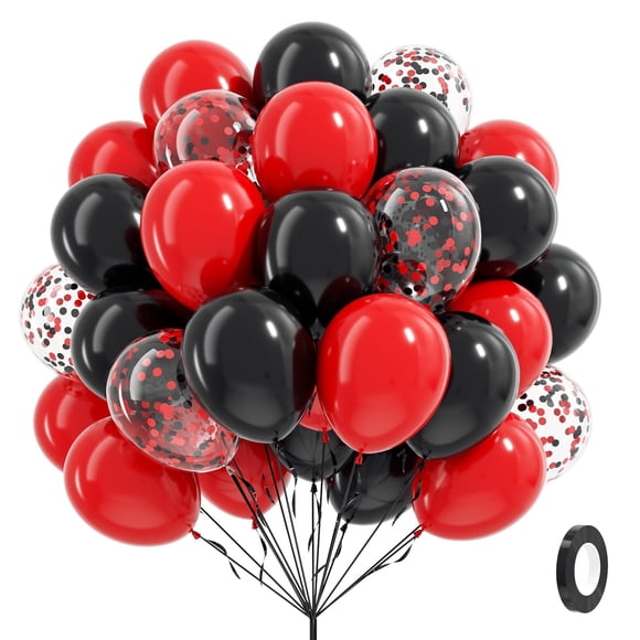 Globos Vicduotex rojos y negros, 60 unidades, 30 cm, con confeti