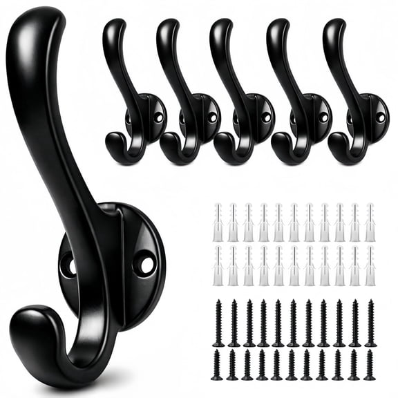 6 Pack Coat Hooks Wall Mount, Heavy Duty Wall Hooks for Hanging Coats, Towels, Hats and Robes, Black Metal Hooks for Bathroom, Entryway and Bedroom