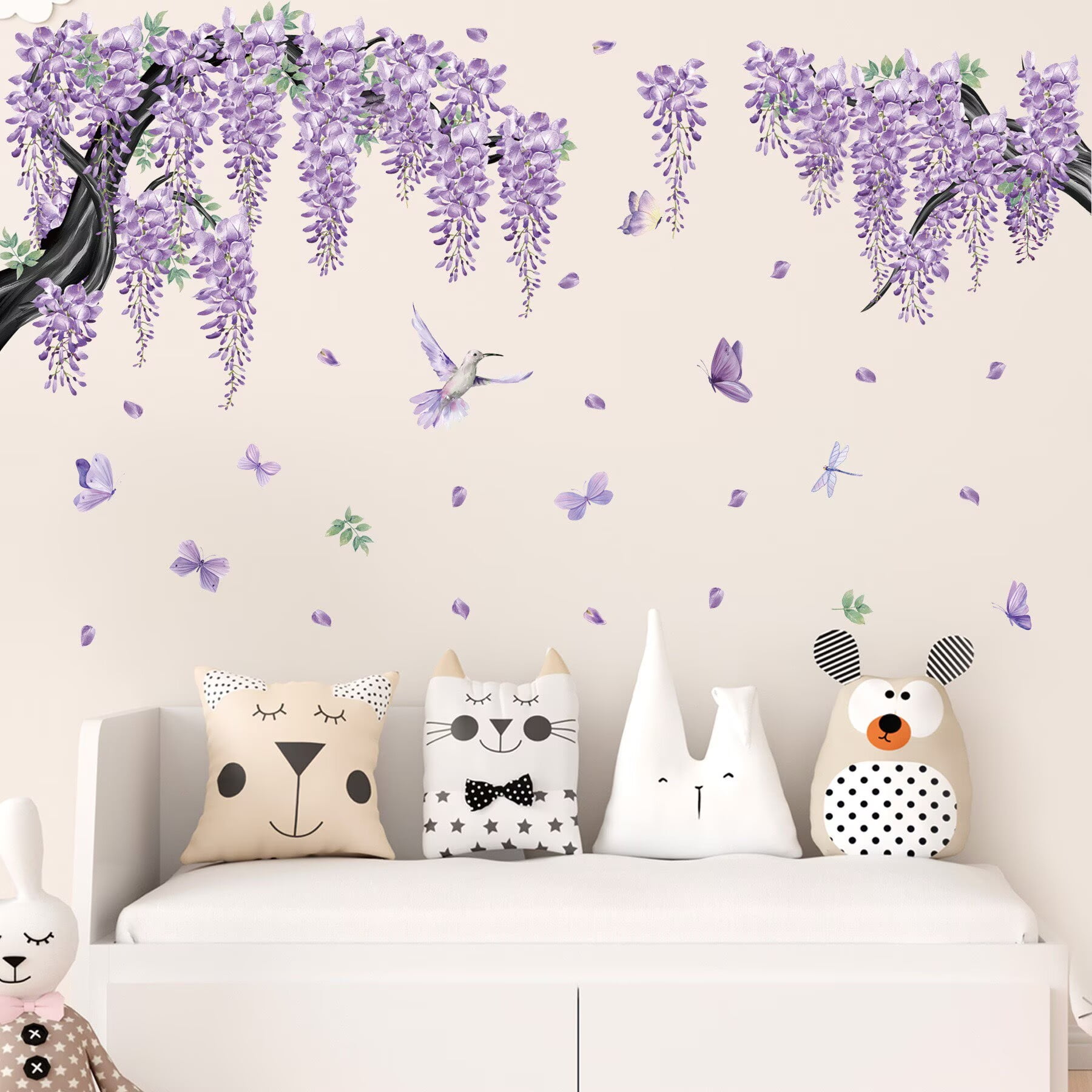 Large Cherry Blossom Tree Wall Stickers,4 Sheets Spring Purple Flower Bird Wall Decals Peel and Stick Waterproof Wall Murals Decor for Living Room Bedroom