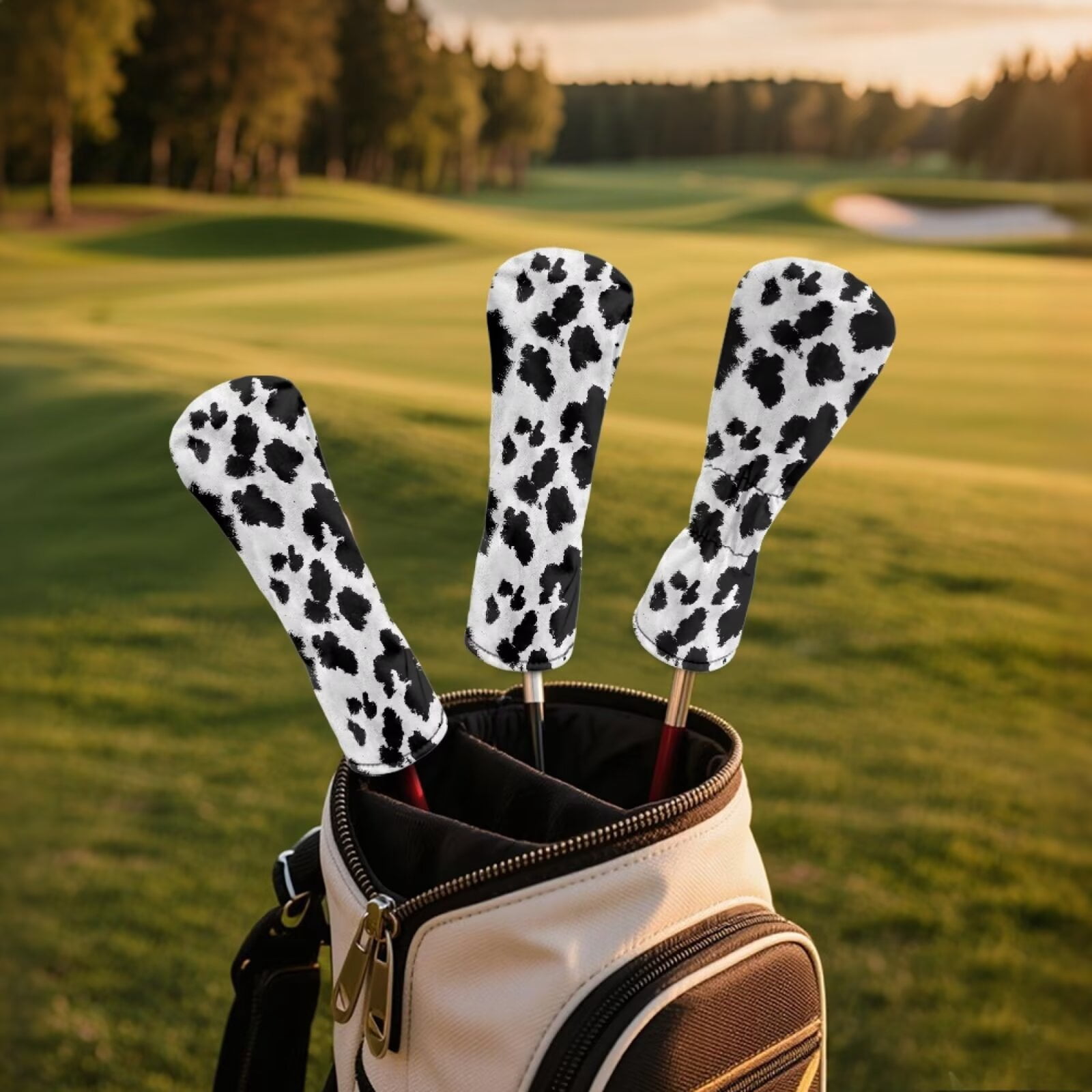 Uorisanigo 3pcs Golf Club Head Covers Headcovers Set Fits Driver Fairway Wood Hybrid Headcover, Durable and Stain Resistant, Essential Golf Accessories(Black and White Cow Print)