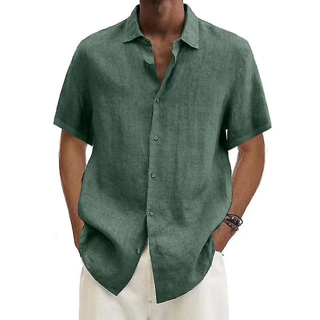 Blusa de lino de algodón de verano para hombre, cuello vuelto, manga corta, botones, blusa suelta, Tops de gran tamaño S-5xl