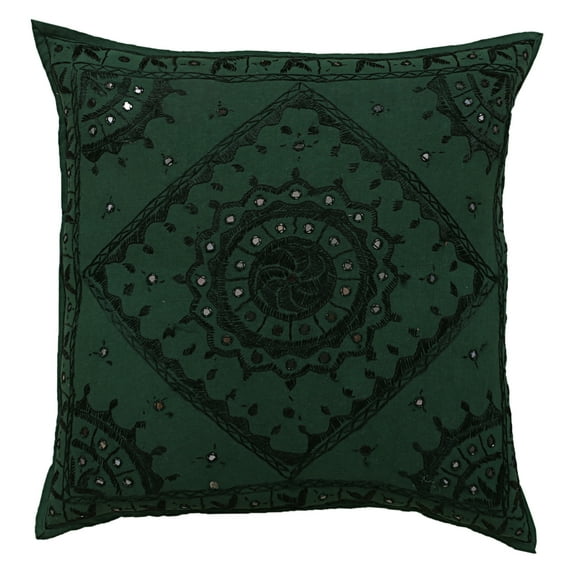 Stylo Culture Ethnic Sofa Throw Pillow Cover 24x24 Large Hand Embroidered Dark Green Boho 60cm x 60cm Home Decor Cotton Mirrored Square Cushion Cover | 1 Pc